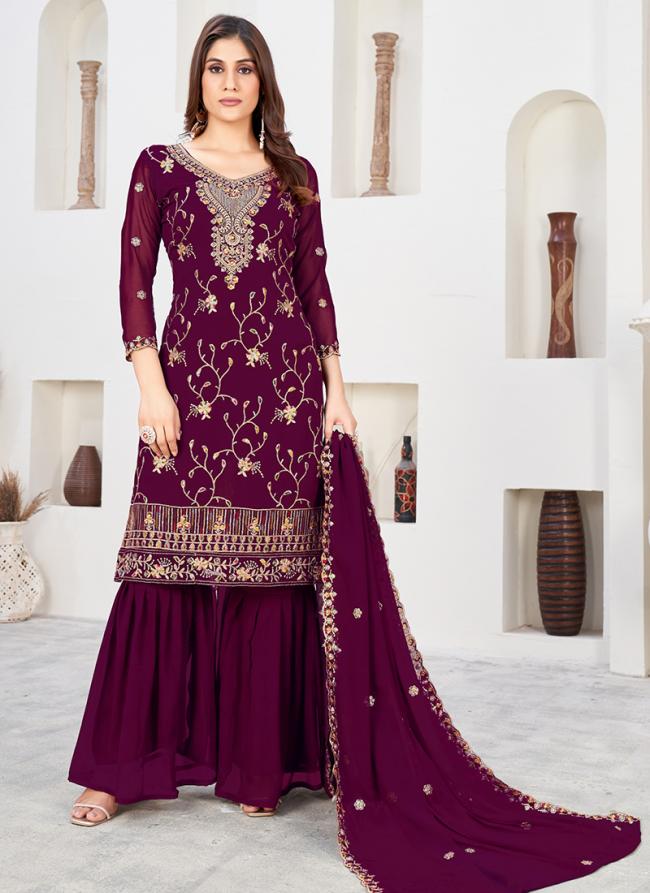 Faux Georgette Wine Wedding Wear Embroidery Work Sharara Suit